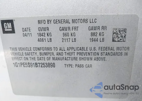 2011 Chevrolet Cruze Lt from USA, damaged, VIN 1G1PE5S91B7253890